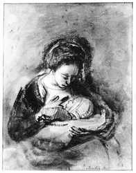 Matka a dítě, cca 1655 (pero, inkoust a mytí na papíře)